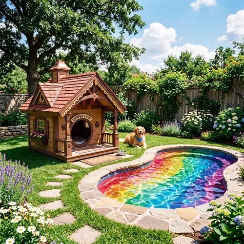 Vibrant Dog House and Rainbow Pool Scene Outdoors