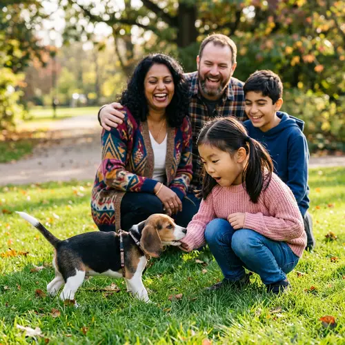 Adorable Beagle Puppy Playing with Young Girl While Family Laughs
