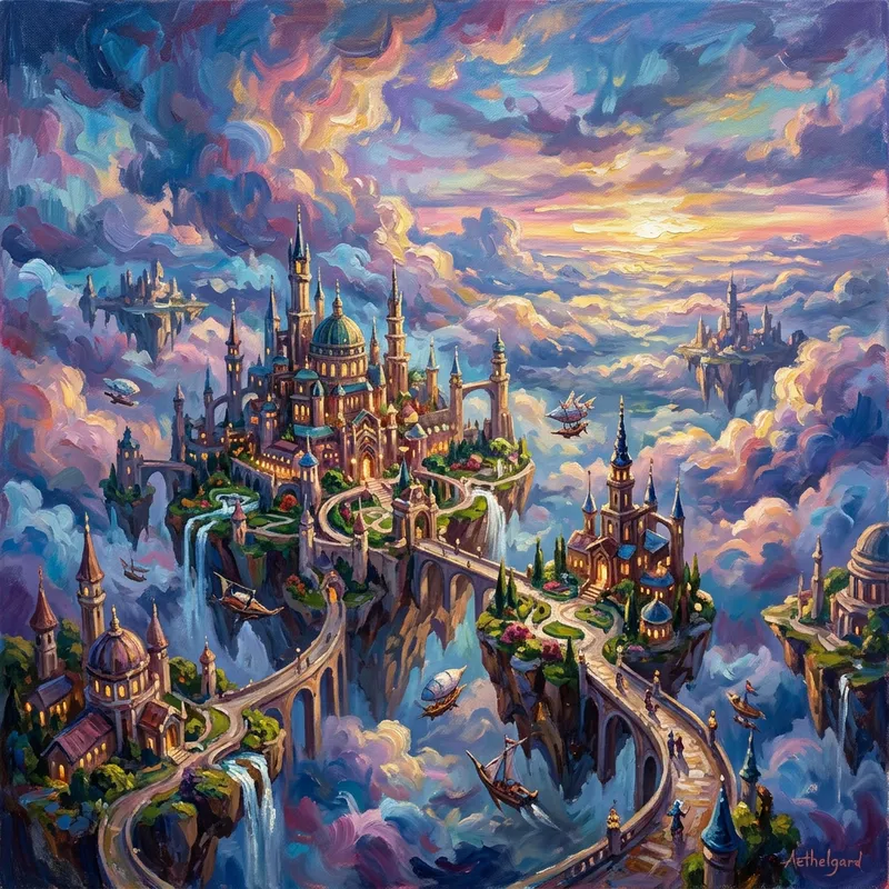 Dreamlike Floating City in Clouds | Surreal Impressionist Painting Dreamlike Floating City in Clouds | Surreal Impressionist Painting