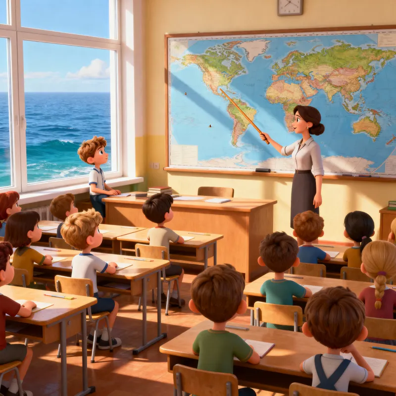 Sunny Classroom with World Map and Dreamy Views