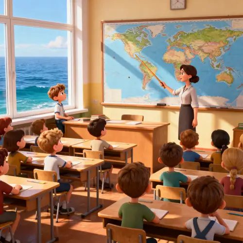 Sunny Classroom with World Map and Dreamy Views