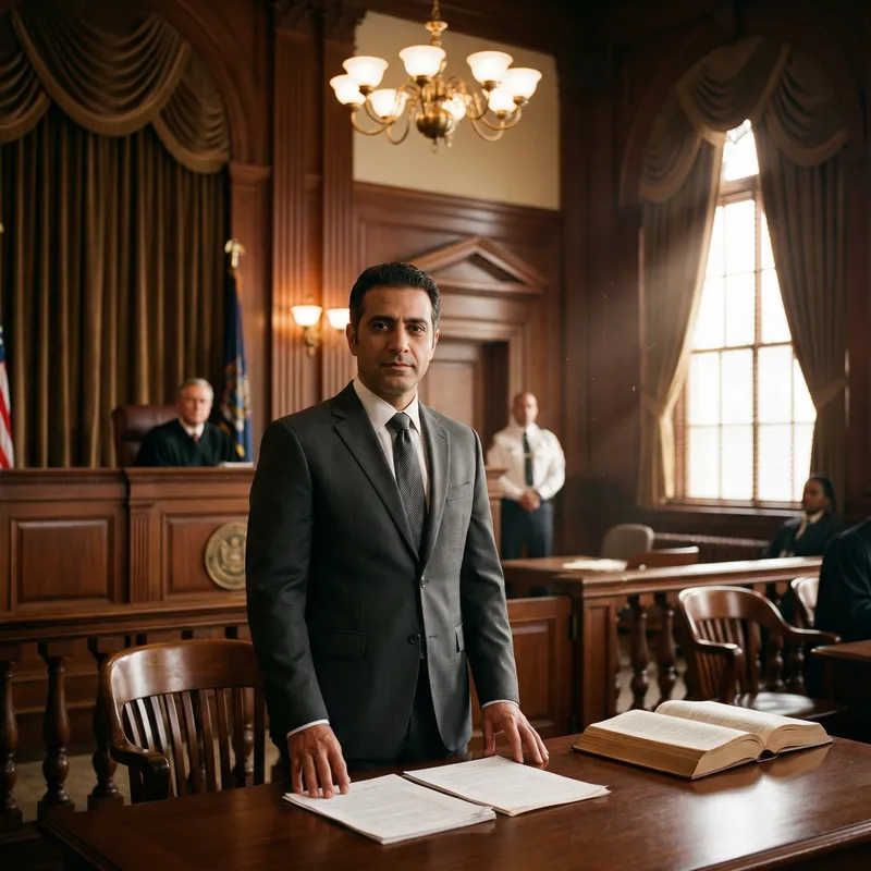 40-Year-Old Middle-Eastern Lawyer in Courtroom Setting