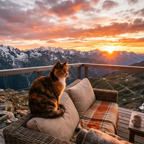 Mountain Sunset: Cat Enjoying the Scenic View