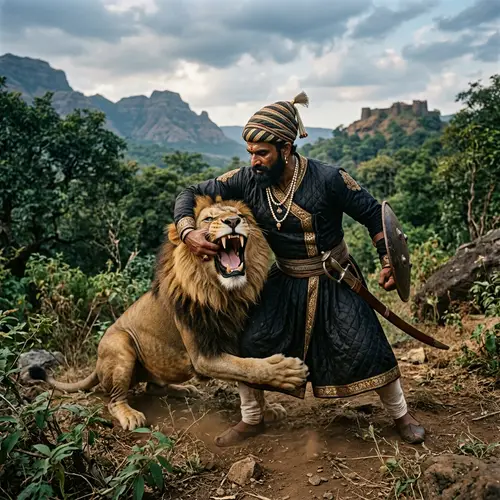 Chh. Sambhaji Maharaj Engaging in Battle with Lion - Maratha Empire