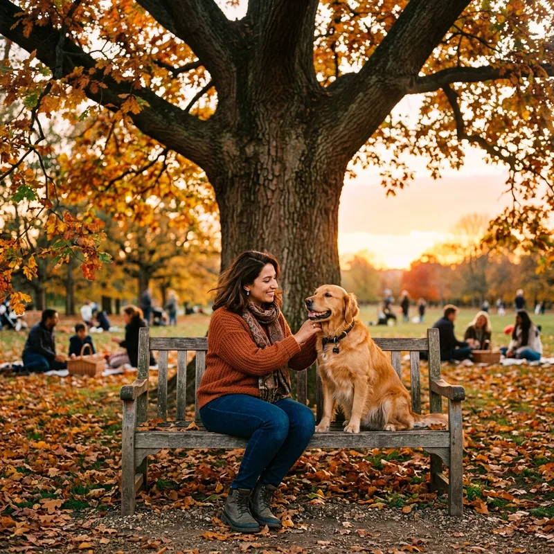 Middle-Eastern Woman with Golden Retriever in Autumn Park - Tranquil Scene with Loving Pet Companion Middle-Eastern Woman with Golden Retriever in Autumn Park - Tranquil Scene with Loving Pet Companion