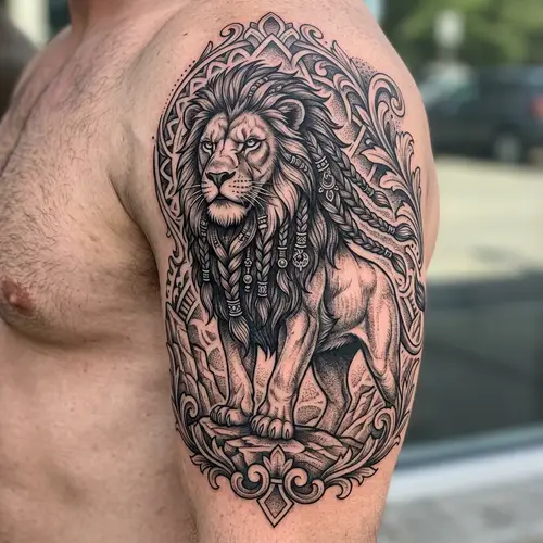 Majestic Lion Tattoo Design with Braids - Symbol of Strength