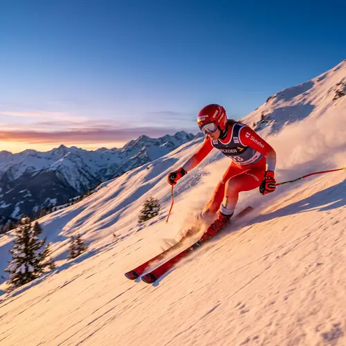 Professional Woman Skier Champion Speeding Down Snowy Mountain