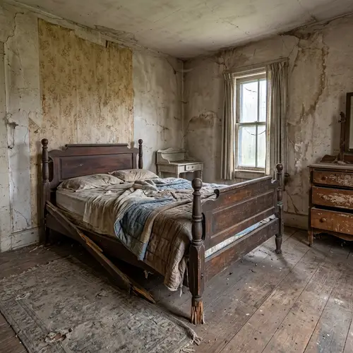 Antiquated Bedroom with Broken Bed | Aged Walls