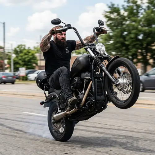 Bearded Muscular Man Wheelie on Motorcycle