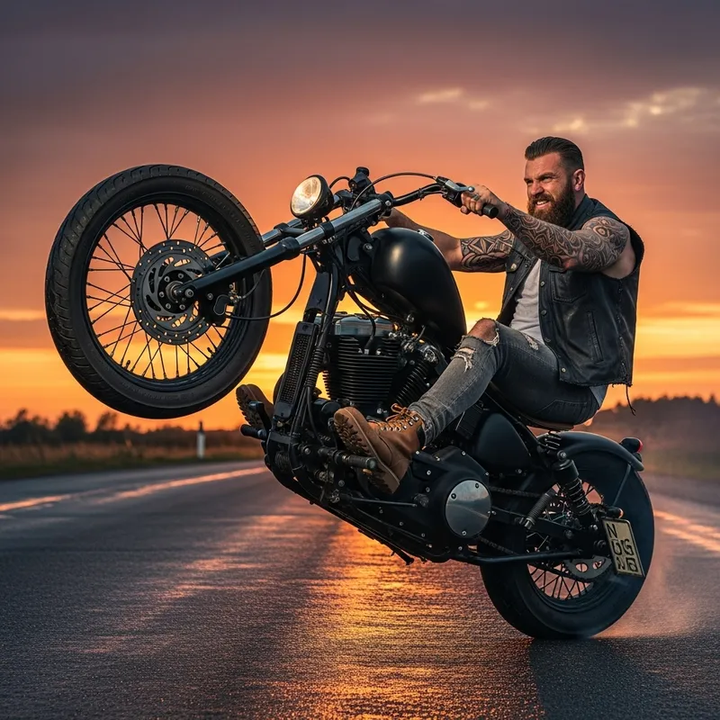 Bearded Muscular Man Wheelie on Motorcycle