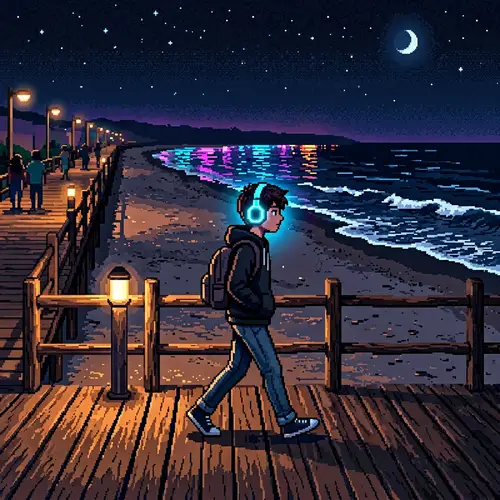 Teen with Neon Headphones at Night Beachfront