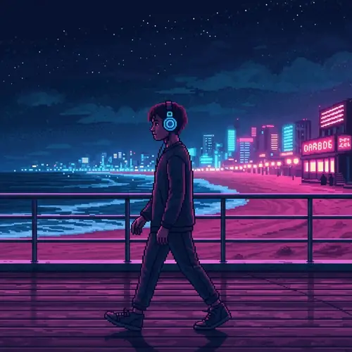 Teen with Neon Headphones at Night Beachfront