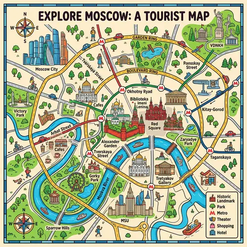 Stylized Tourist Map of Moscow - Explore Key Attractions in Playful Style