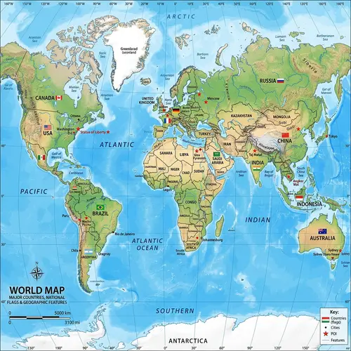 Detailed World Map with Continents, Flags, Rivers, and Land Features