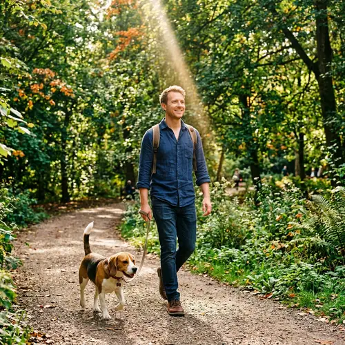 Man Enjoys Day Out with Beagle in Sunny Park