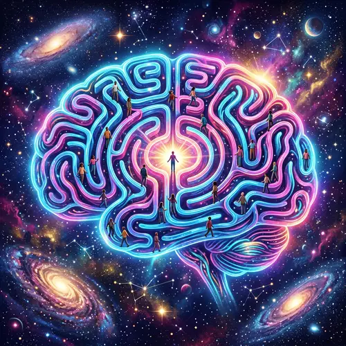 Mind Maze Illustration: Diverse Figures Wandering Among Brain Pathways
