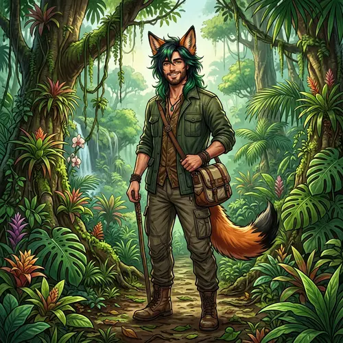 Exotic Fox Man in Vibrant Tropical Forest
