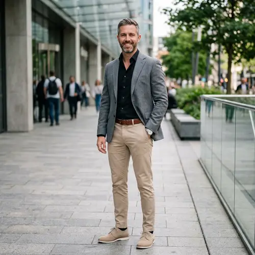 Stylish Man in Gray Blazer and Beige Outfit