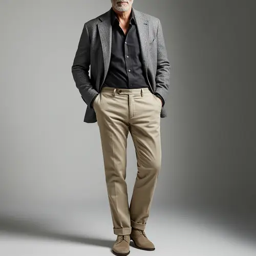 Stylish Man in Gray Blazer and Beige Outfit