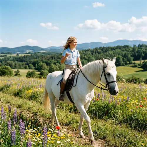 Girl on White Horse Holding Glass | Stunning Nature Scene