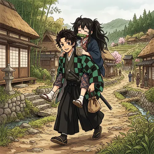 Japanese Anime Girl Nezuko & Tanjiro: Unique Duo in a Historical Setting