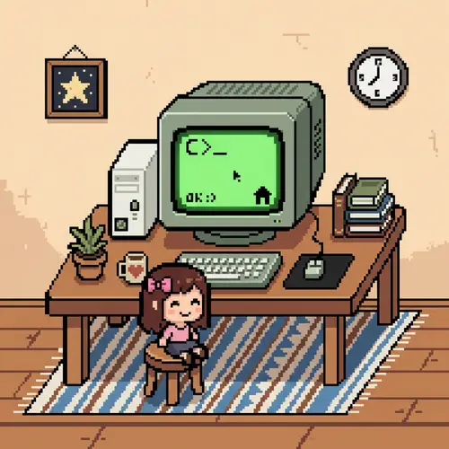 Minimalist Pixel Art Table with Monochrome Computer