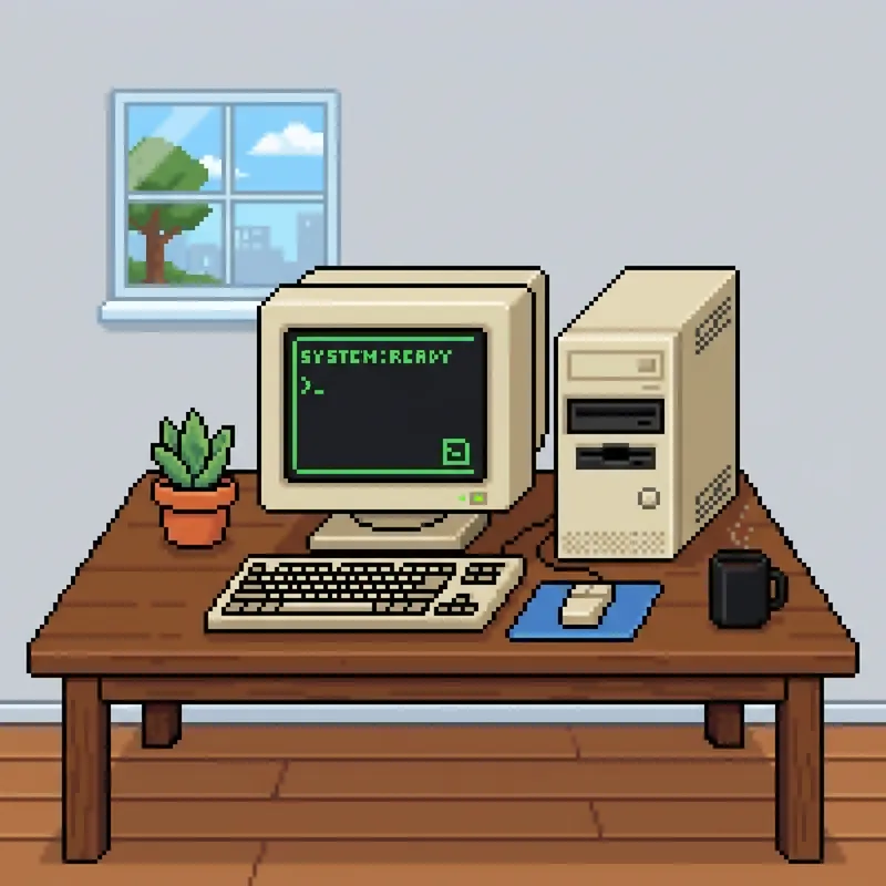 Minimalist Pixel Art Computer on Table