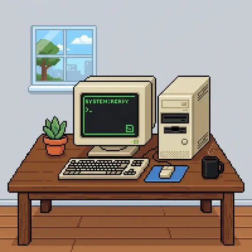 Minimalist Pixel Art Computer on Table