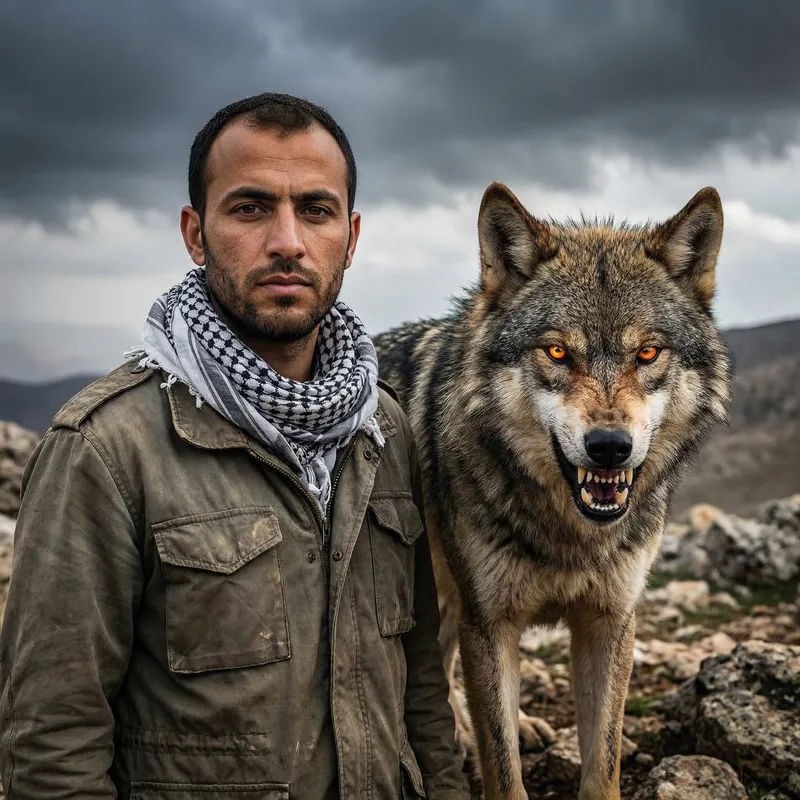 30-Year-Old Man with Oval Face and Angry Wolf