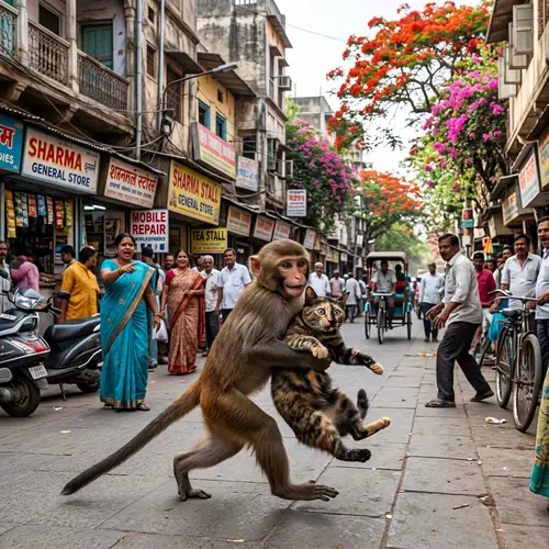 Inquisitive South Asian Monkey Grabs Startled Cat