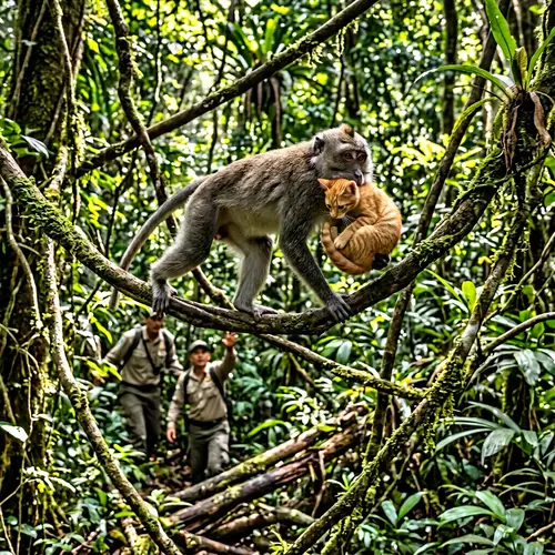 Monkey Holding Cat - Escaping Pursuers