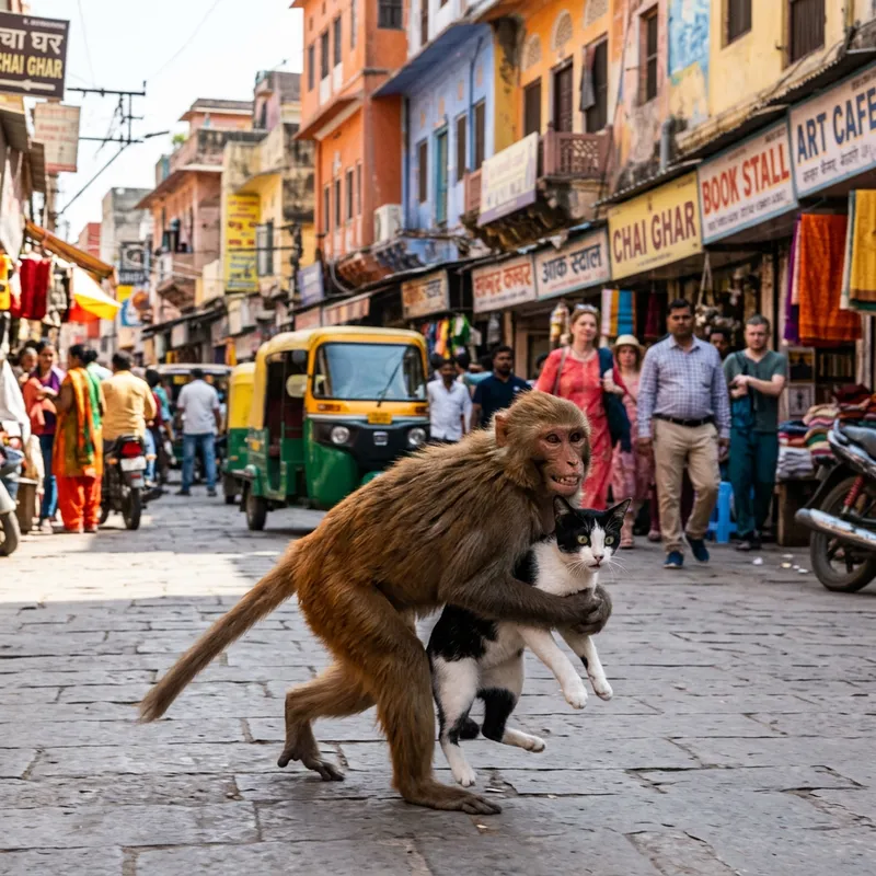 Mischievous Monkey Speeds Away With Cat Through City Streets Mischievous Monkey Speeds Away With Cat Through City Streets