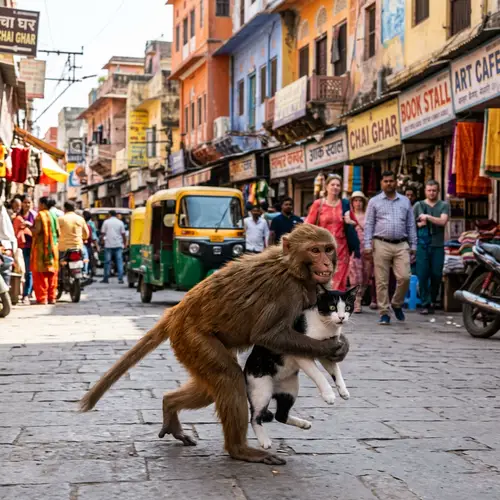 Playful Monkey Takes Black and White Cat Along Busy Urban Street