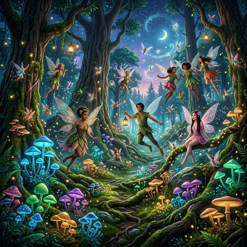 Enchanting Woodland with Glowing Mushrooms and Fairies