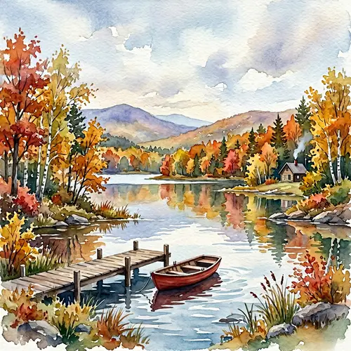 Serene Autumnal Lake Scene Watercolor Painting