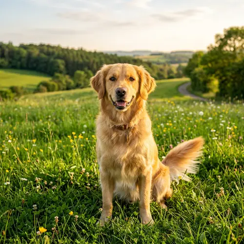 Majestic Golden Retriever with Shiny Fur in Lush Green Field