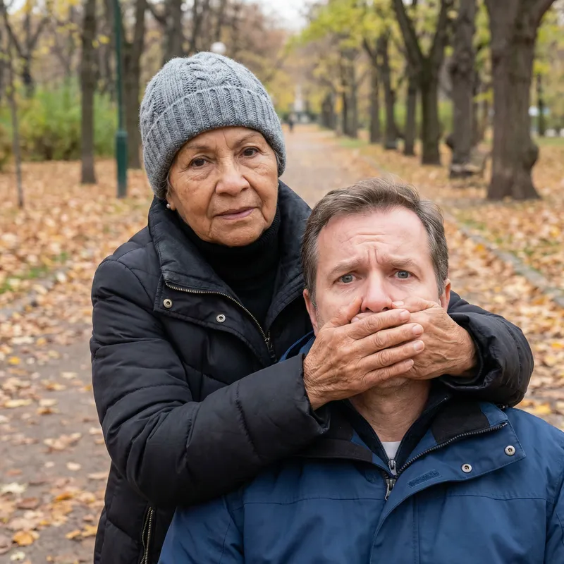 Elderly Woman Embracing Man in Warm Moment