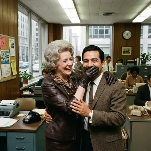 1960s Office Embrace: Vintage Woman & Man Scene