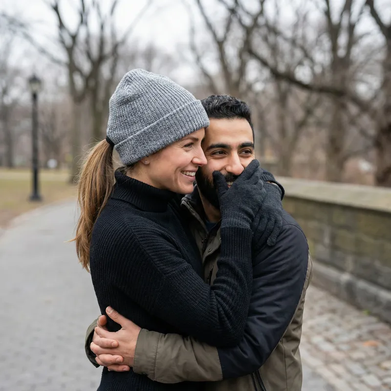Multicultural Embrace: Athlete Woman Holds Man in Black Attire