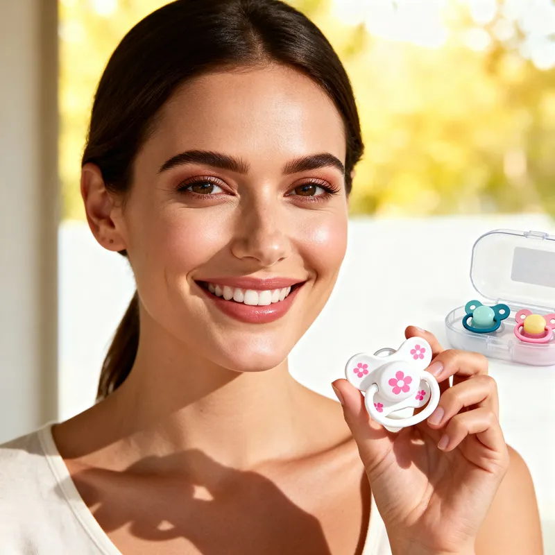 Woman Showcasing Pacifier in Ad Spot