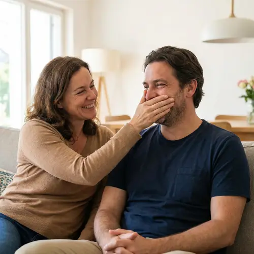 Woman Holding Hand Over Man's Mouth
