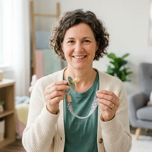 Woman Showcasing Pacifier in Ad Spot