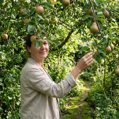 Tranquil Garden Scene with Woman Among Fruit Trees