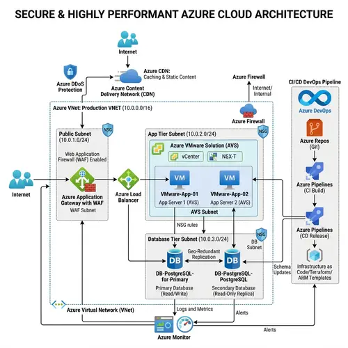 Azure Cloud Architecture with VMWare, Databases, WAF, VNet, DDos, CDN, Azure Monitor, CI/CD DevOps