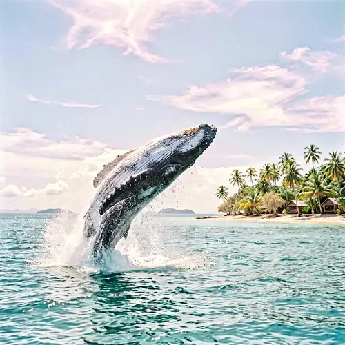 Whale Breaching by a Tropical Island