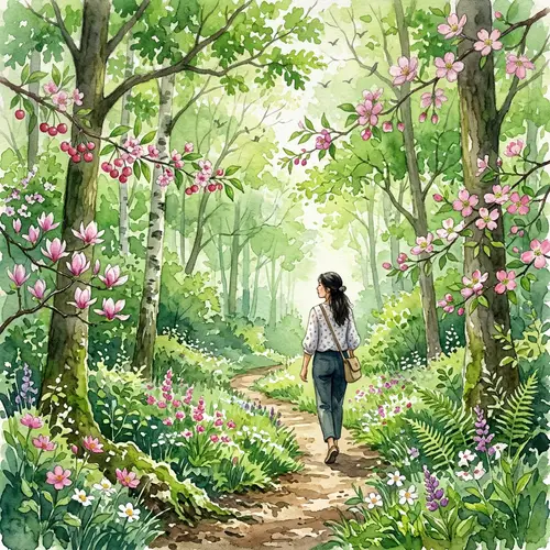 Serene Spring Forest Watercolor Painting with Asian Female Figure