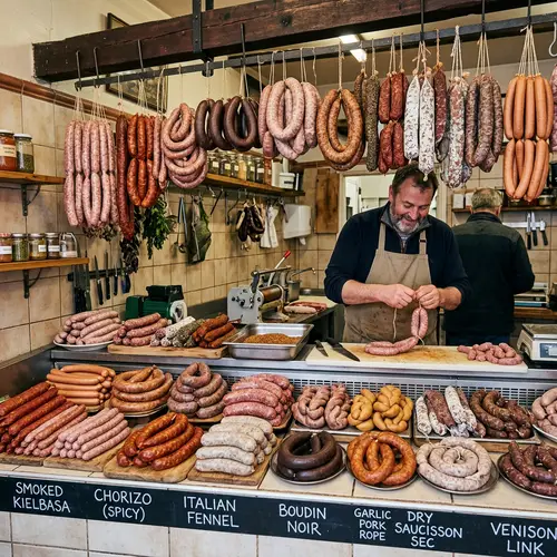 Artisan Sausages Display: Diverse Selection of Colors & Shapes