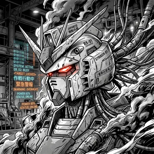 Manga-Style Mecha Head with Cables and Smoke