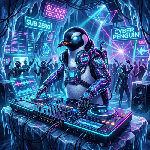 Futuristic Techno Penguin: Neon-Lit Environment | DJ Pinguin