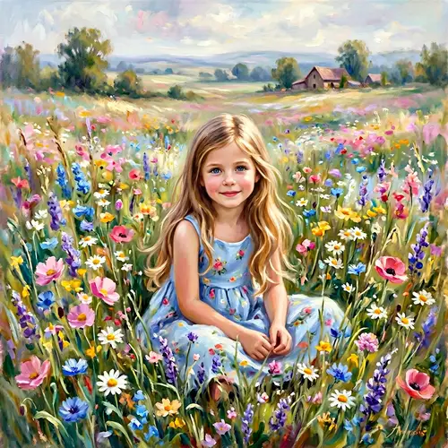 Young Girl in Vibrant Wildflower Field | Dream-like Impressionist Portrait
